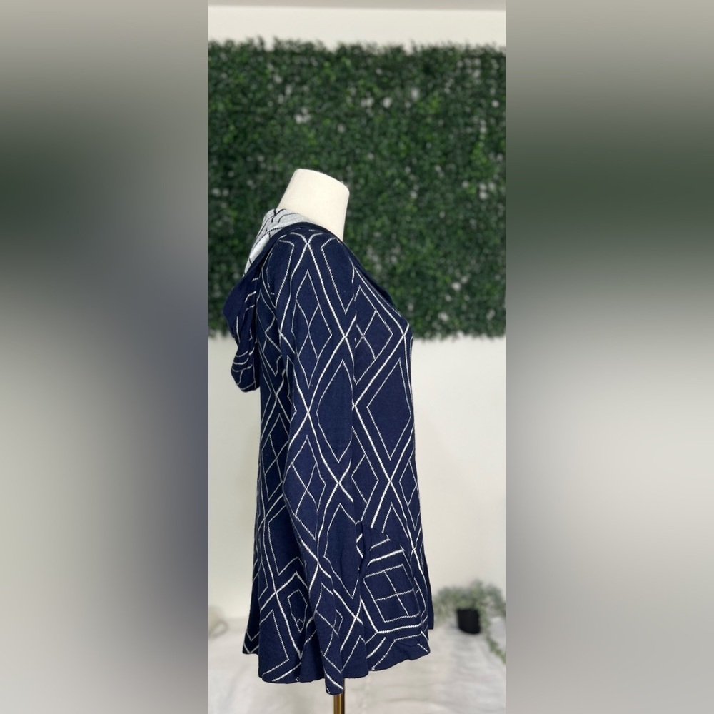 Belldini Cardigan Size S Hood Open Front Cardigan Blue White Geometric Nordic - Picture 4 of 11